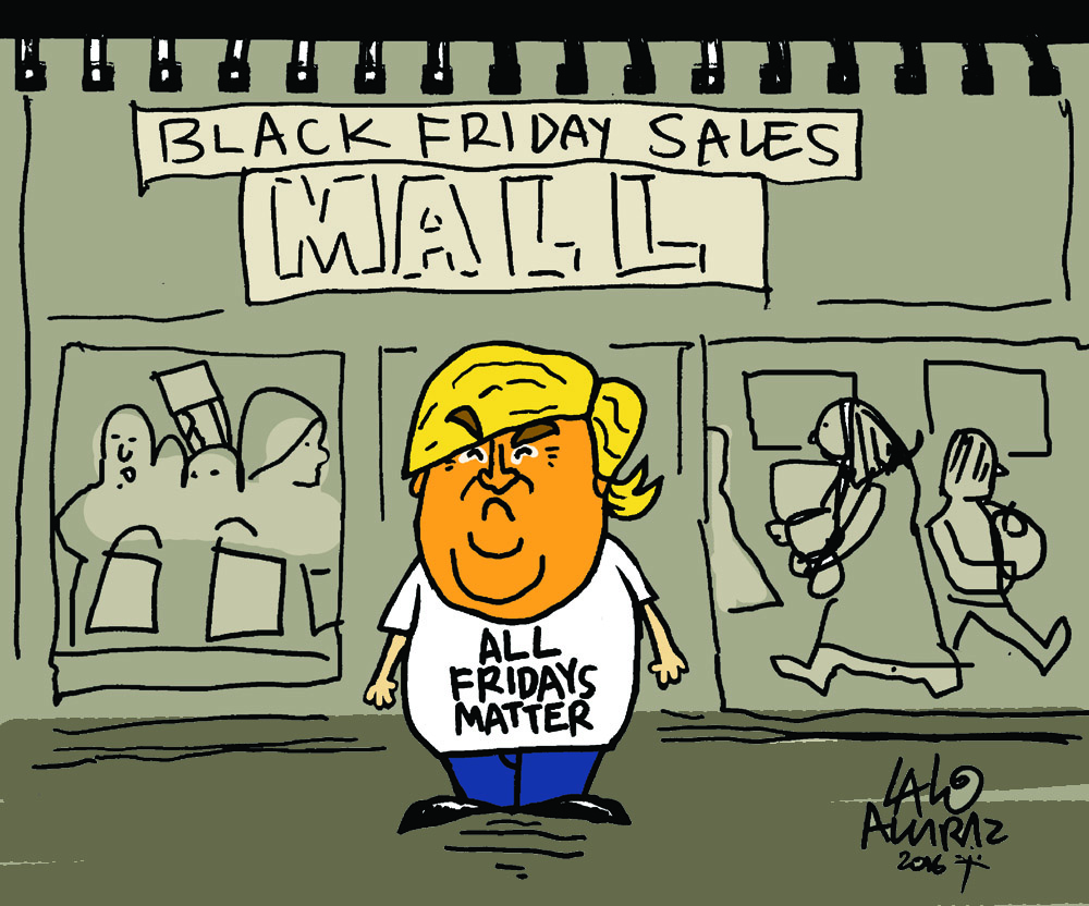 Cartoon showing Donald Trump complaining about Black Friday sales, that All Fridays matter Cartoon showing Donald Trump complaining about Black Friday sales, that All Fridays matter